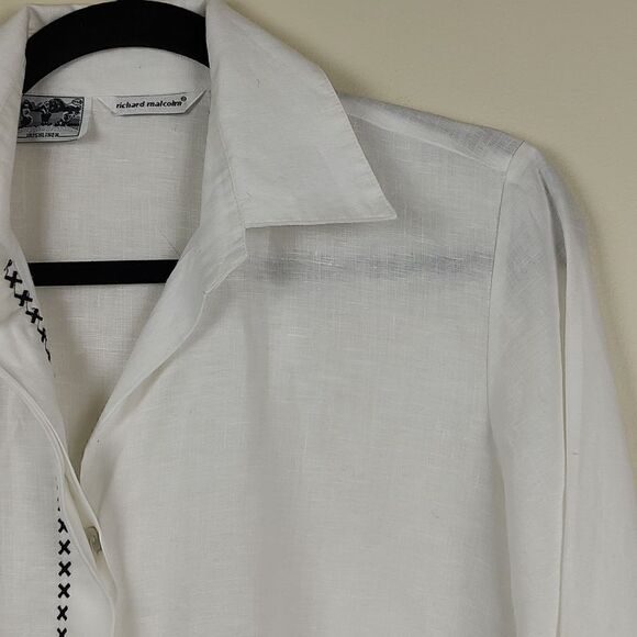 Richard Malcolm Irish Linen Long Sleeve Button Front Blouse Top Black Embroidery - Picture 6 of 14